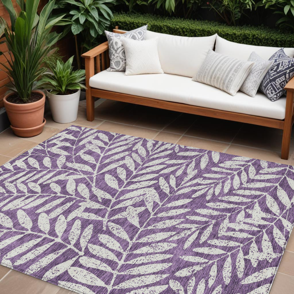 9' X 12' Purple And Ivory Floral Washable Indoor Outdoor Area Rug