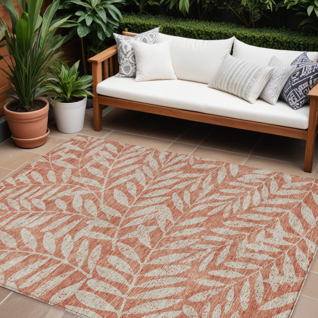 8' X 10' Salmon And Gray Floral Washable Indoor Outdoor Area Rug
