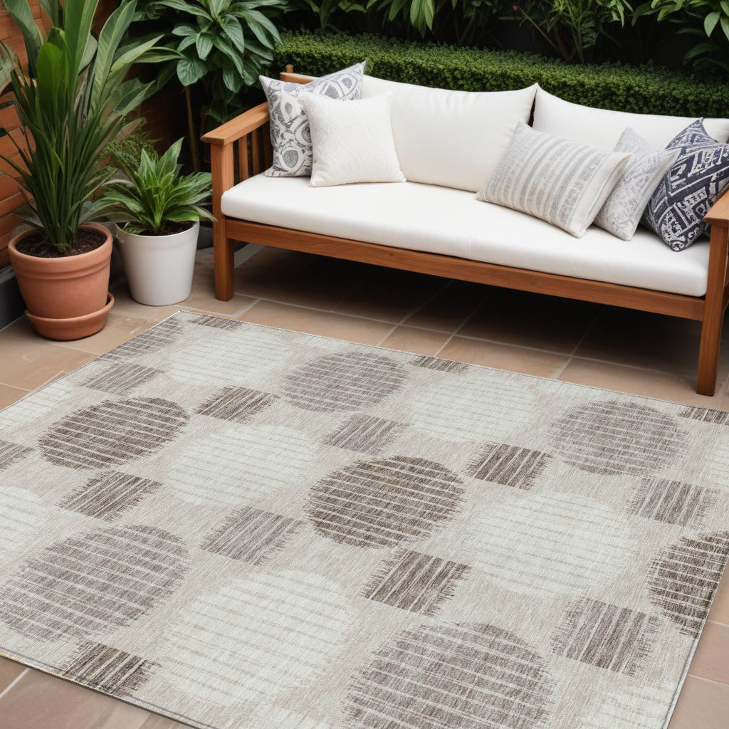 10' X 14' Beige Brown And Ivory Geometric Washable Indoor Outdoor Area Rug