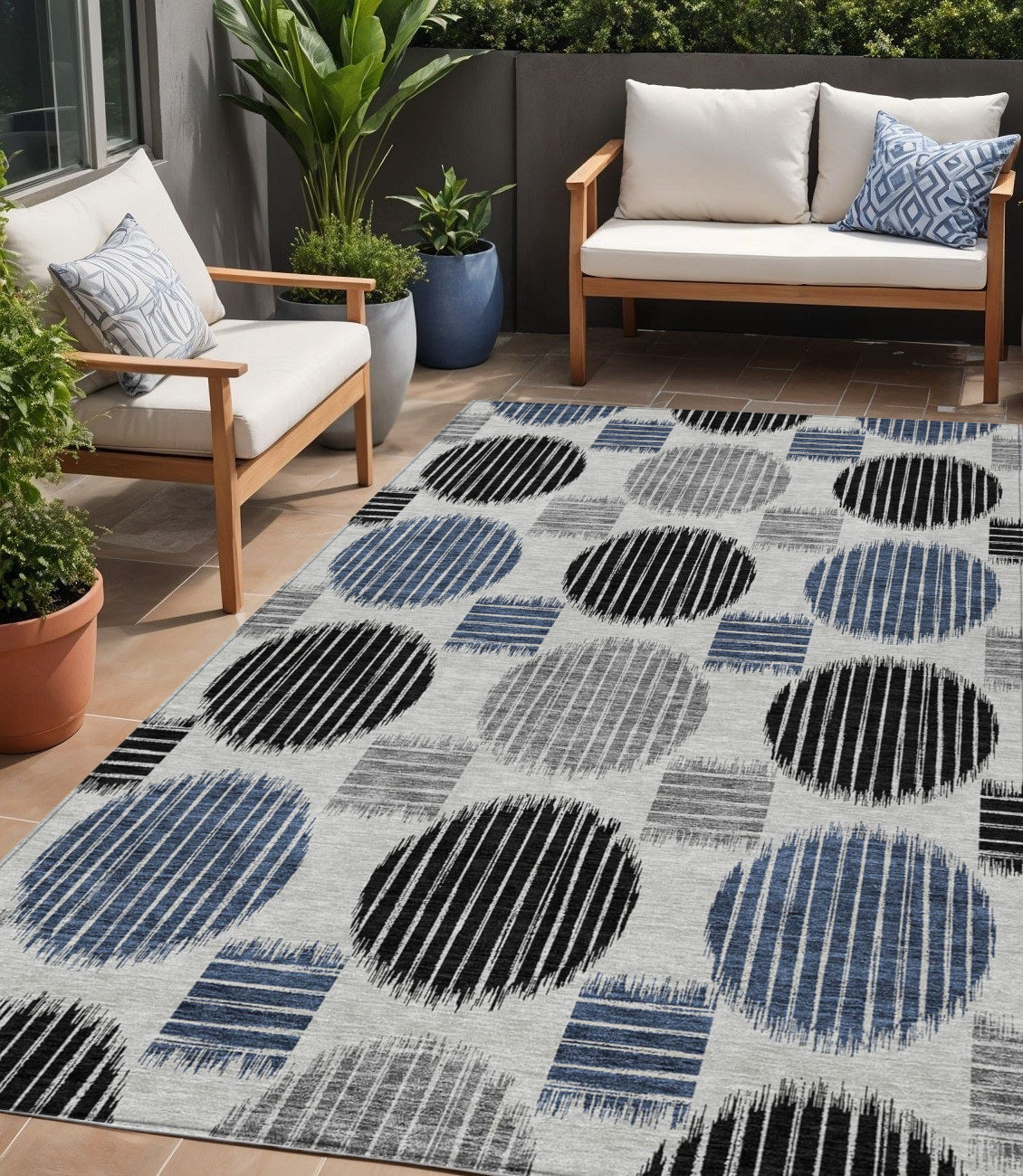 5' X 8' Gray Black And Blue Geometric Washable Indoor Outdoor Area Rug