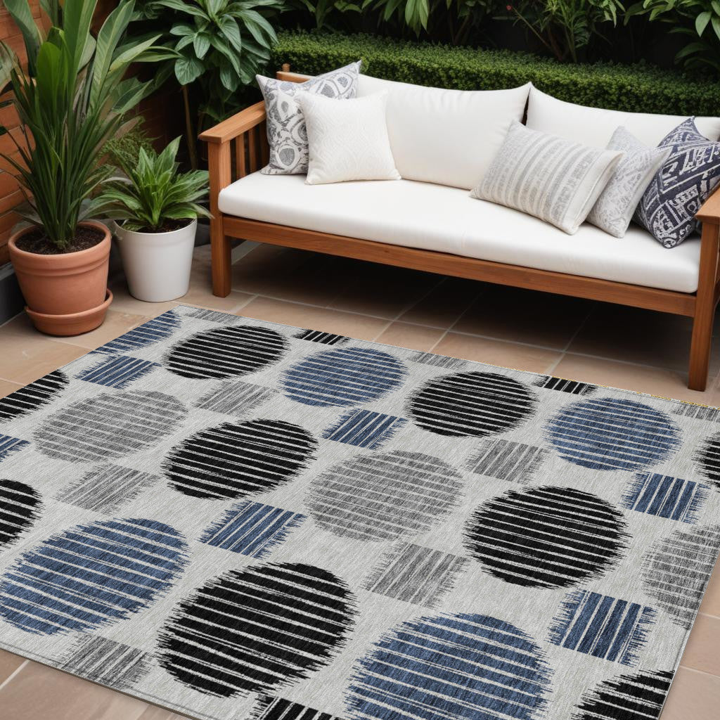 9' X 12' Gray Black And Blue Geometric Washable Indoor Outdoor Area Rug