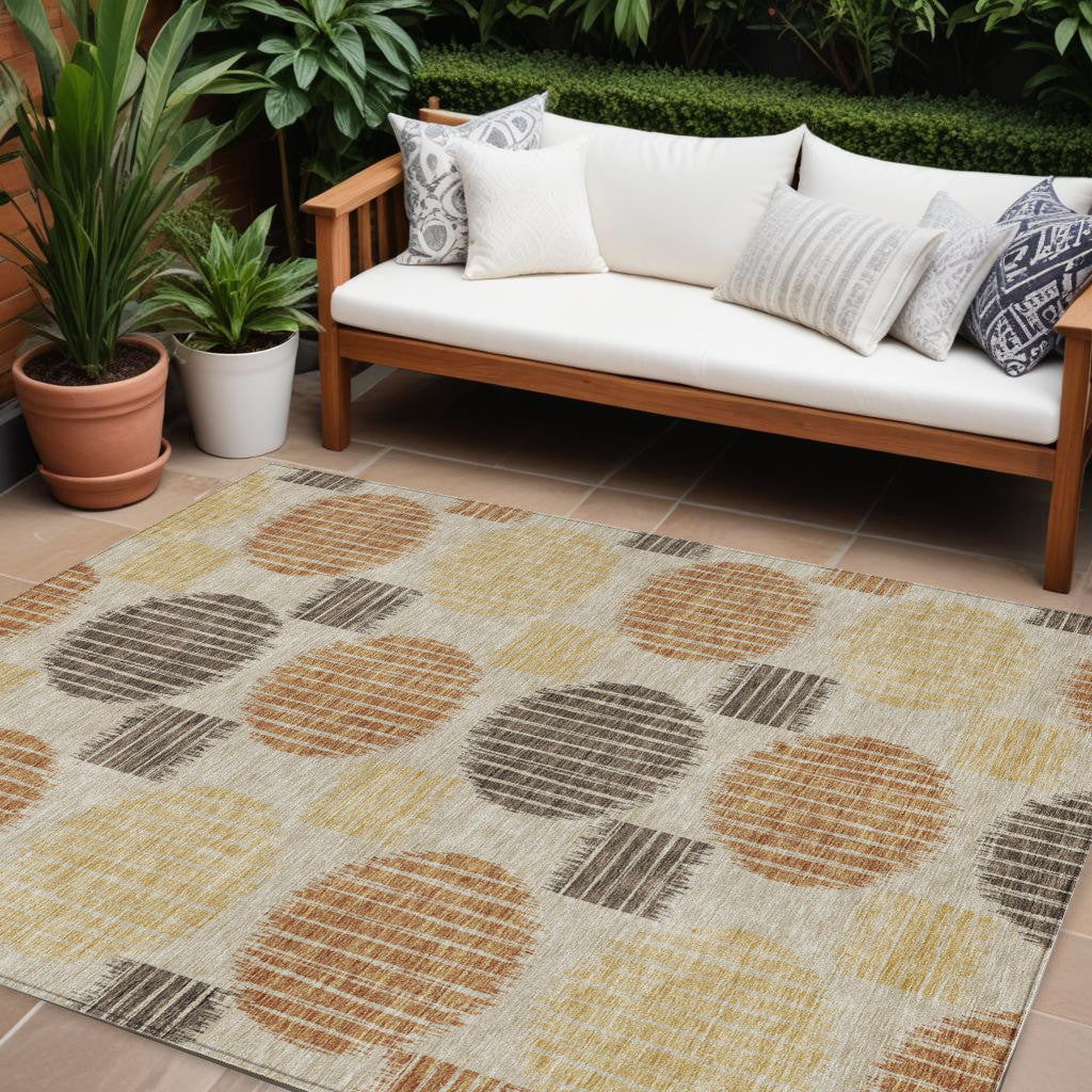 9' X 12' Tan Brown And Beige Geometric Washable Indoor Outdoor Area Rug