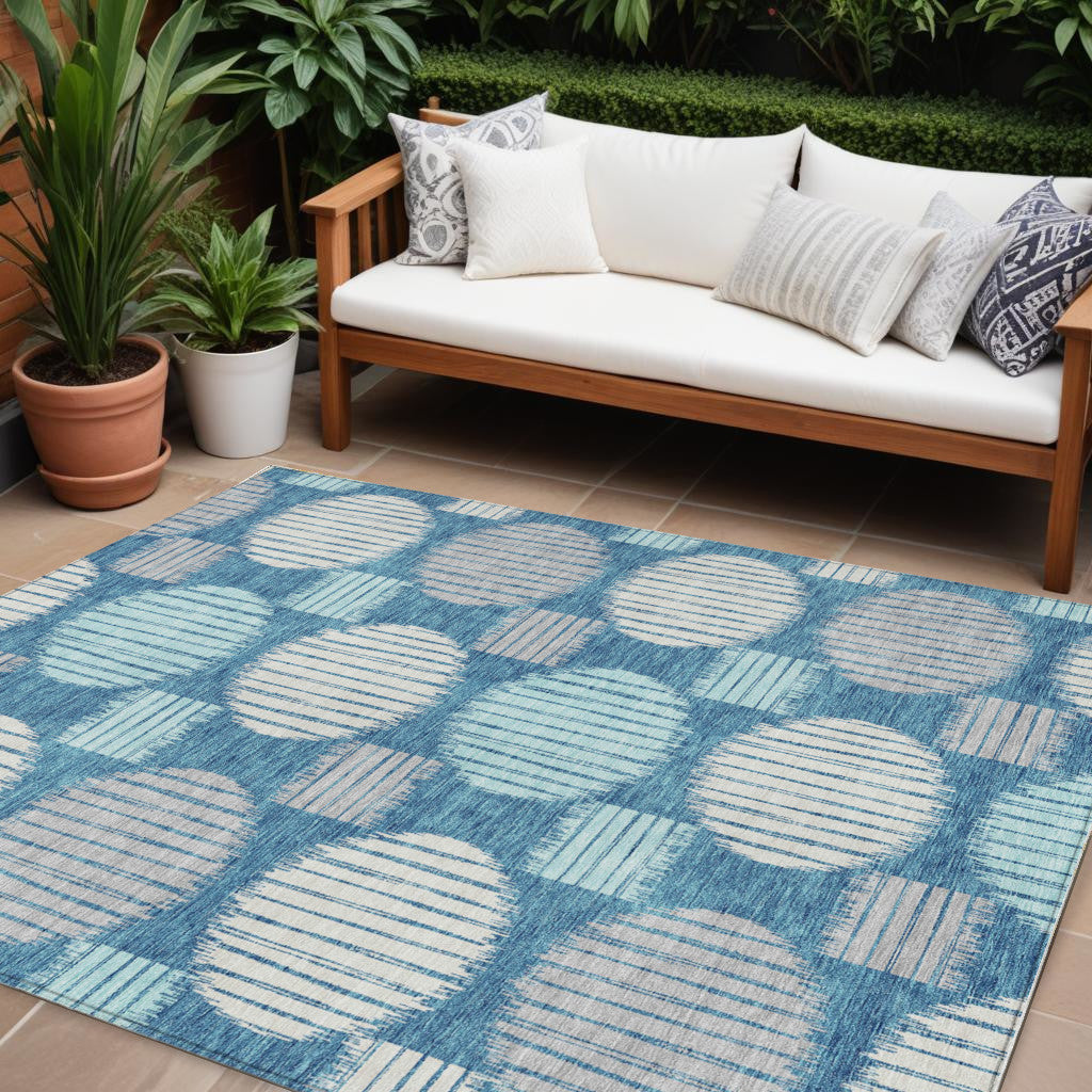 9' X 12' Teal Blue Gray And Ivory Geometric Washable Indoor Outdoor Area Rug