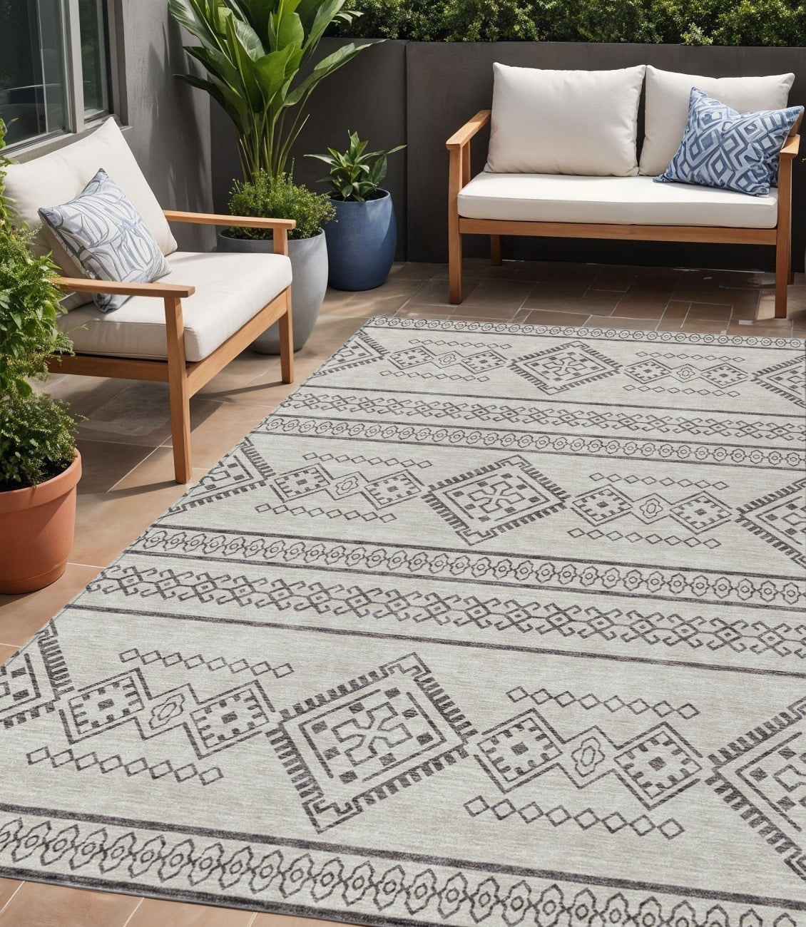 5' X 8' Beige And Brown Southwestern Washable Indoor Outdoor Area Rug