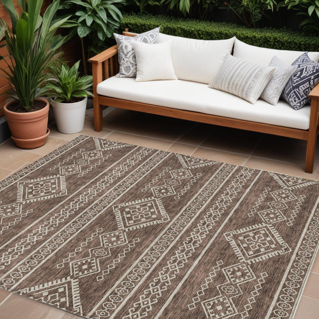 10' X 14' Brown And Ivory Southwestern Washable Indoor Outdoor Area Rug