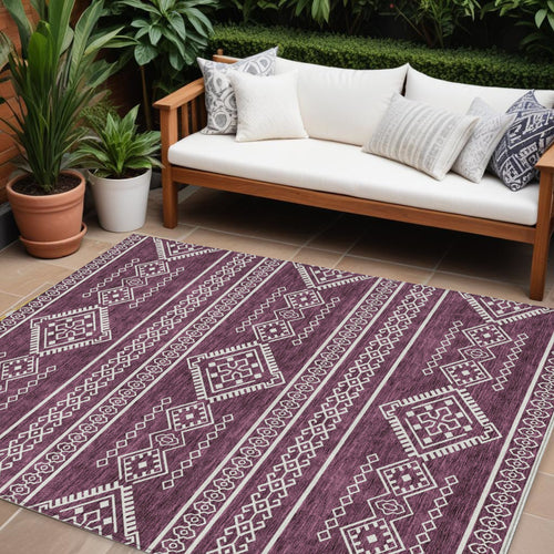 10' X 14' Eggplant And Ivory Southwestern Washable Indoor Outdoor Area Rug