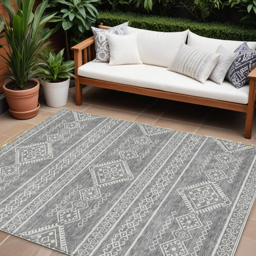 10' X 14' Gray And Ivory Southwestern Washable Indoor Outdoor Area Rug