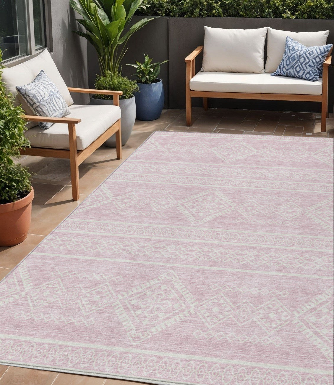 5' X 8' Pink And Ivory Southwestern Washable Indoor Outdoor Area Rug
