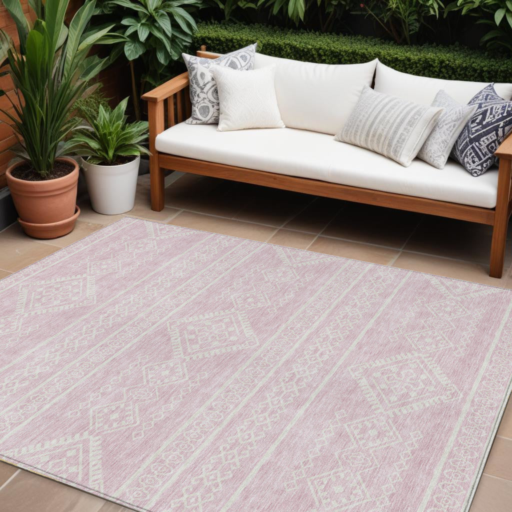 9' X 12' Pink And Ivory Southwestern Washable Indoor Outdoor Area Rug