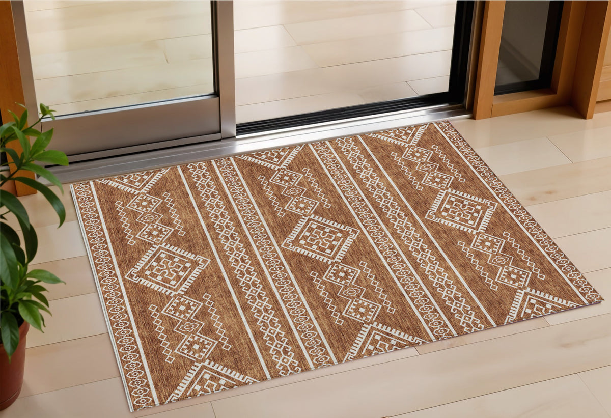 3' X 5' Orange And Ivory Southwestern Washable Indoor Outdoor Area Rug