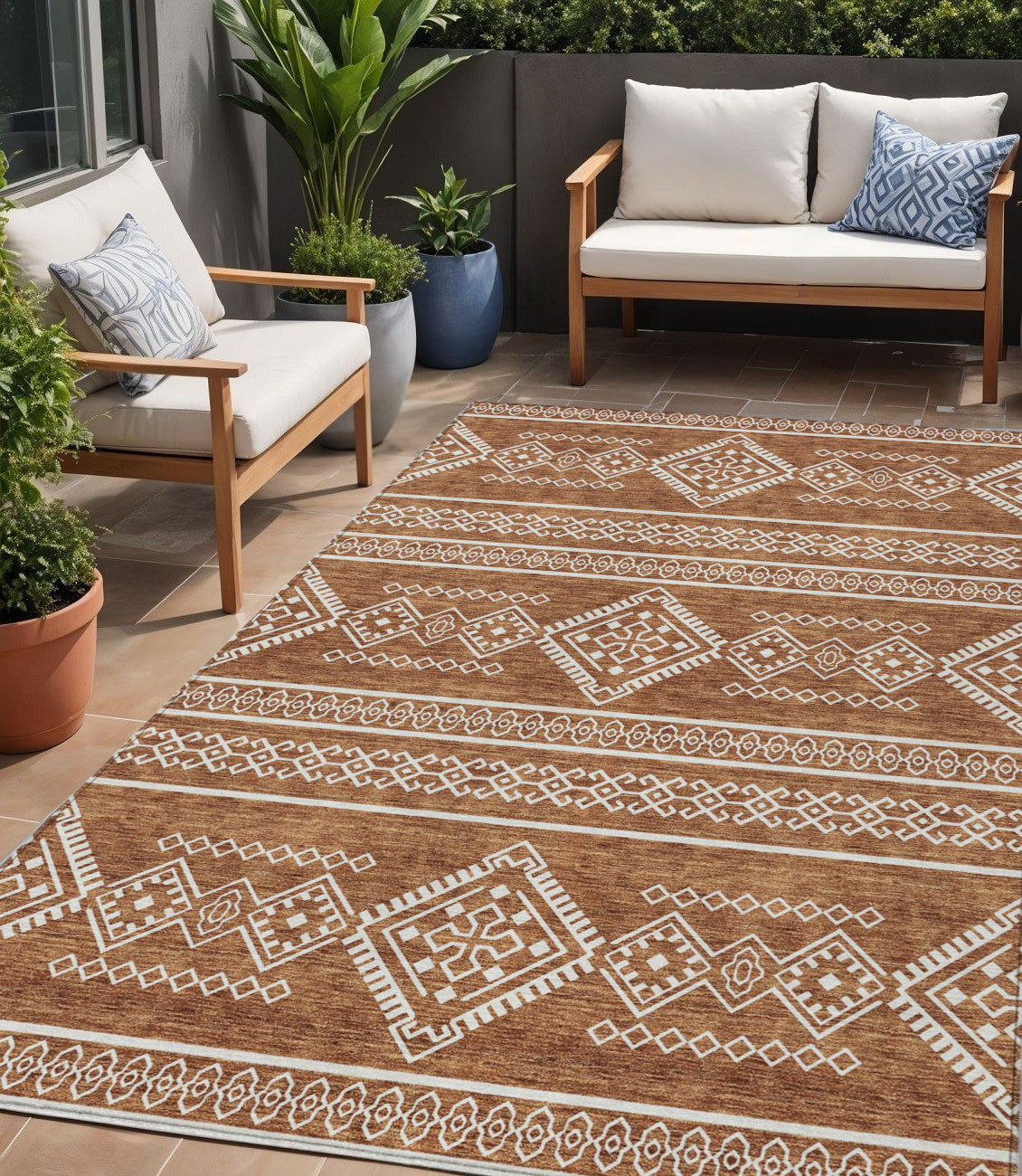 5' X 8' Orange And Ivory Southwestern Washable Indoor Outdoor Area Rug