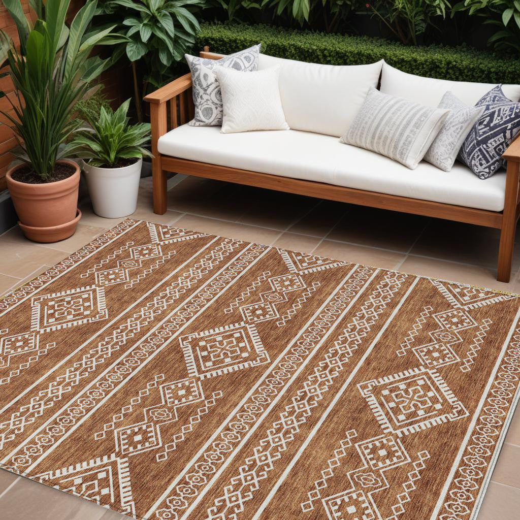 8' X 10' Orange And Ivory Southwestern Washable Indoor Outdoor Area Rug