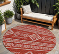 8' Red And Ivory Round Southwestern Washable Indoor Outdoor Area Rug