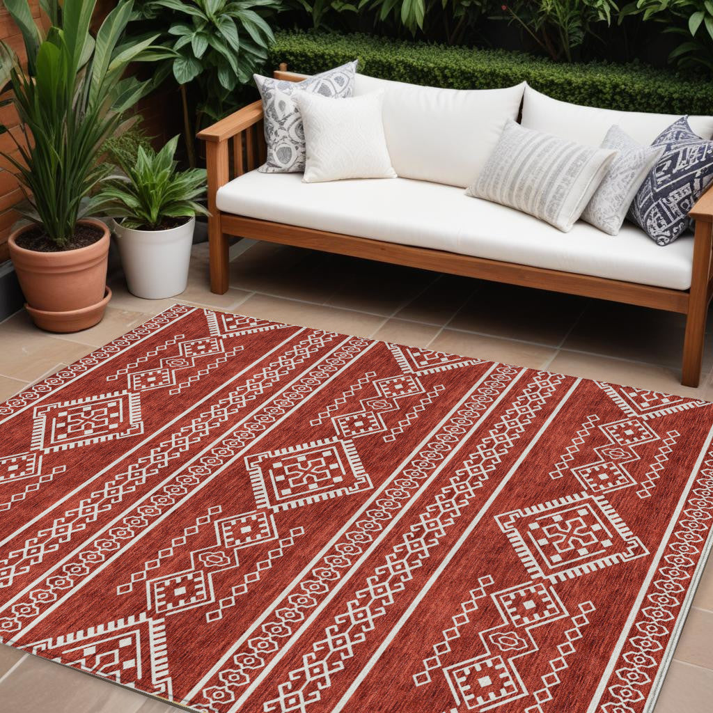 9' X 12' Red And Ivory Southwestern Washable Indoor Outdoor Area Rug