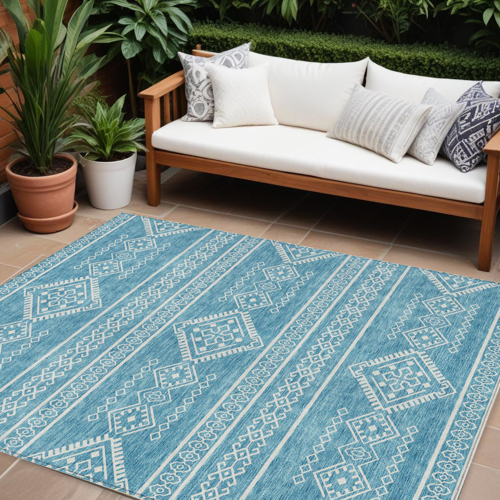 9' X 12' Teal Blue And Ivory Southwestern Washable Indoor Outdoor Area Rug