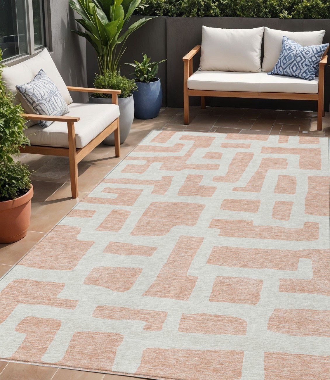 5' X 8' Peach And Gray Abstract Washable Indoor Outdoor Area Rug