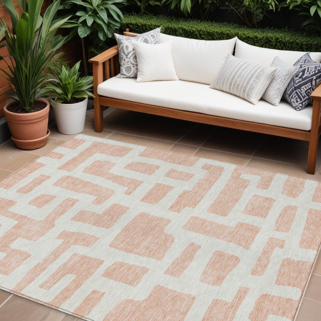 9' X 12' Peach And Gray Abstract Washable Indoor Outdoor Area Rug