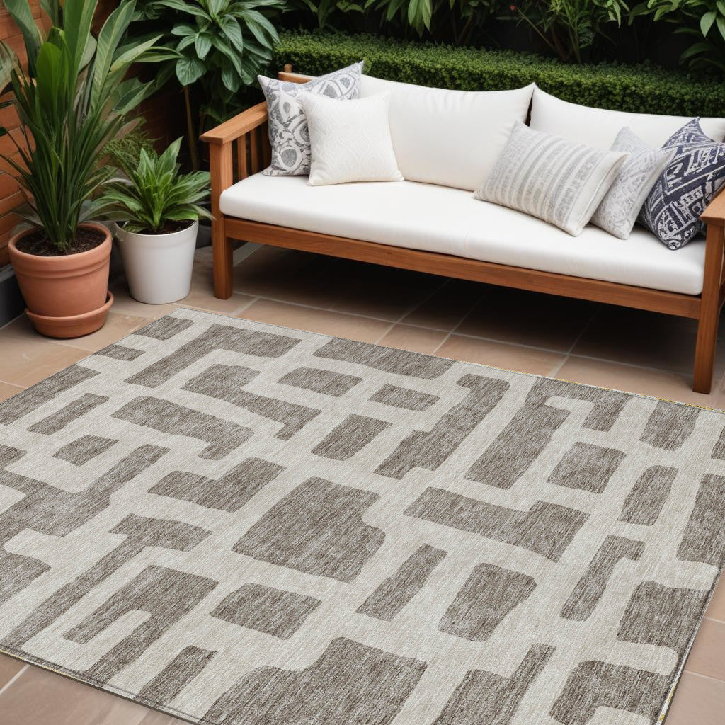 9' X 12' Taupe And Gray Abstract Washable Indoor Outdoor Area Rug