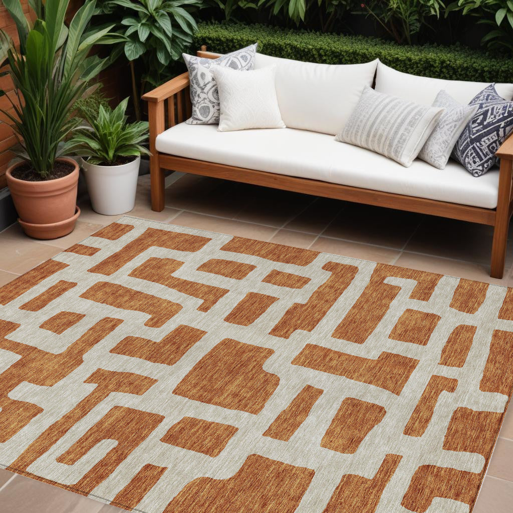 9' X 12' Terra Cotta And Gray Abstract Washable Indoor Outdoor Area Rug