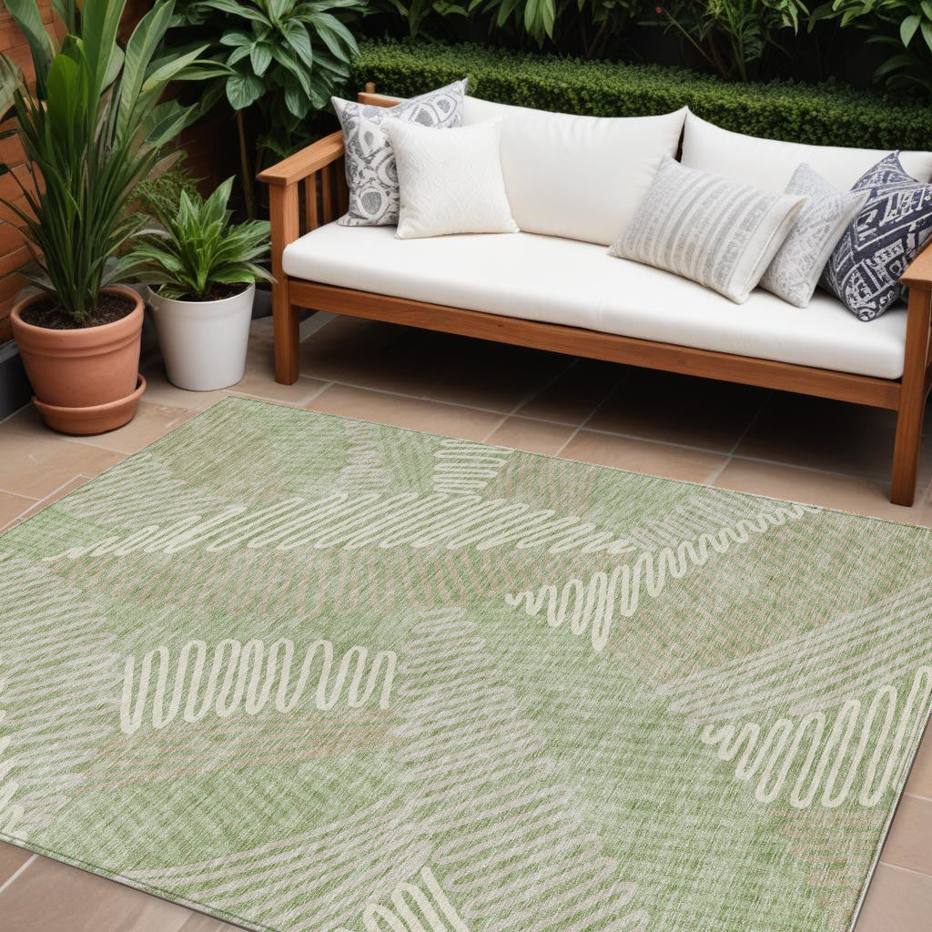10' X 14' Artichoke Green Brown And Ivory Floral Washable Indoor Outdoor Area Rug