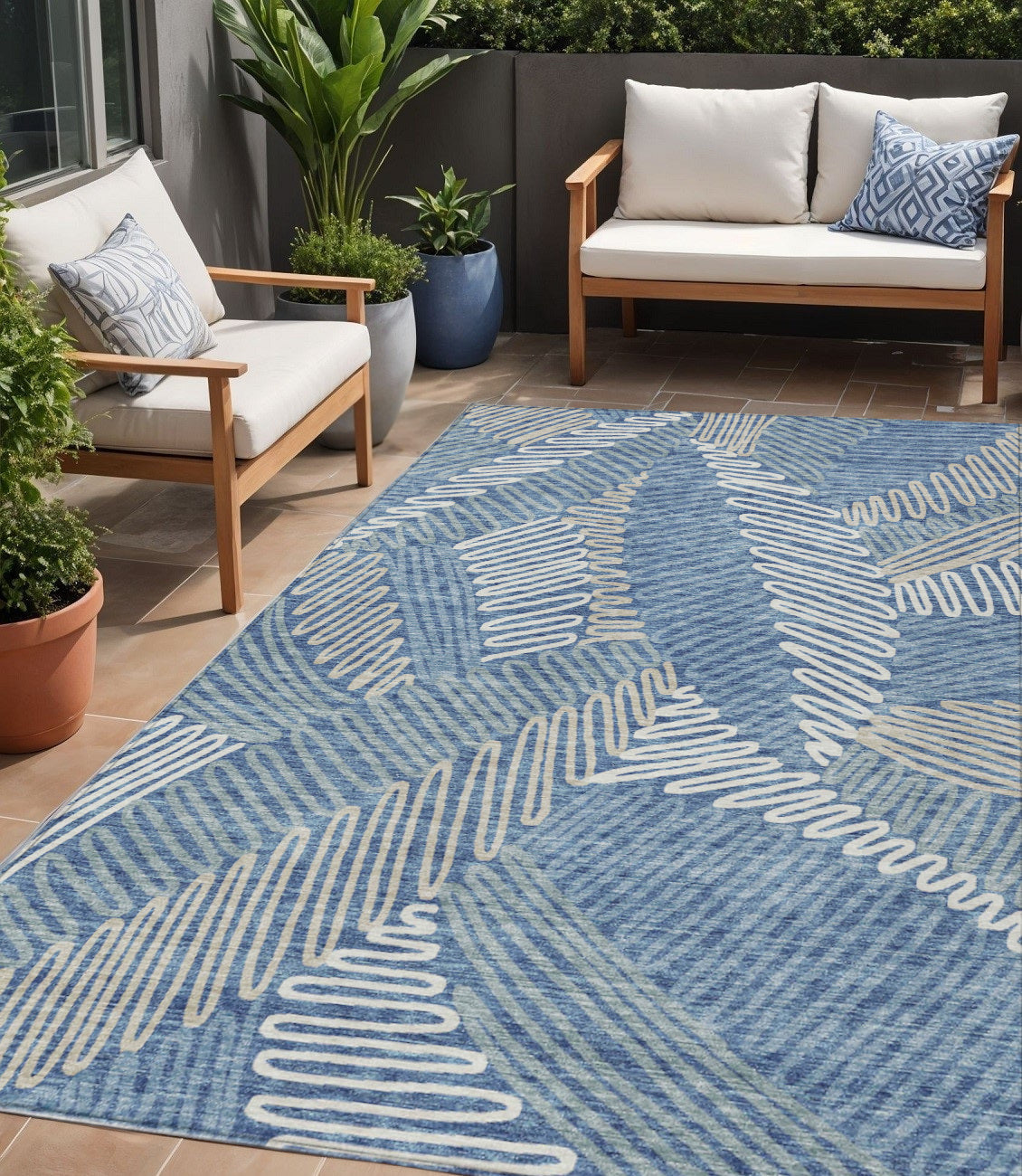 5' X 8' Blue Gray And Ivory Floral Washable Indoor Outdoor Area Rug