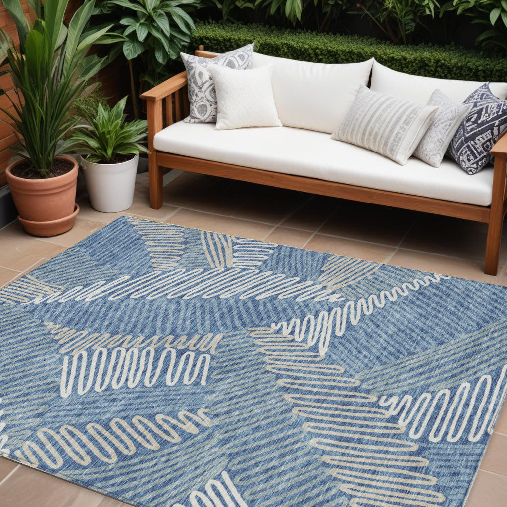 9' X 12' Blue Gray And Ivory Floral Washable Indoor Outdoor Area Rug