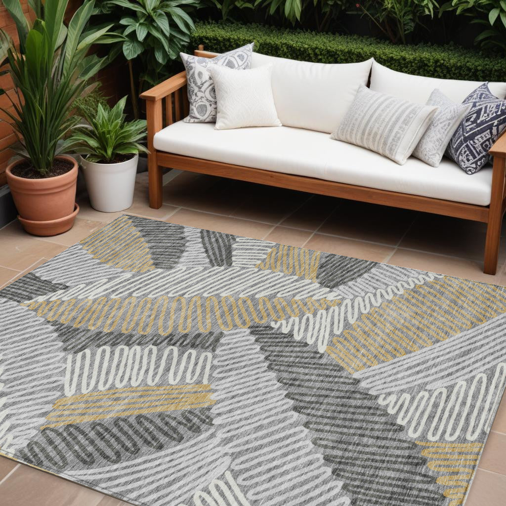 10' X 14' Gray Beige And Ivory Floral Washable Indoor Outdoor Area Rug