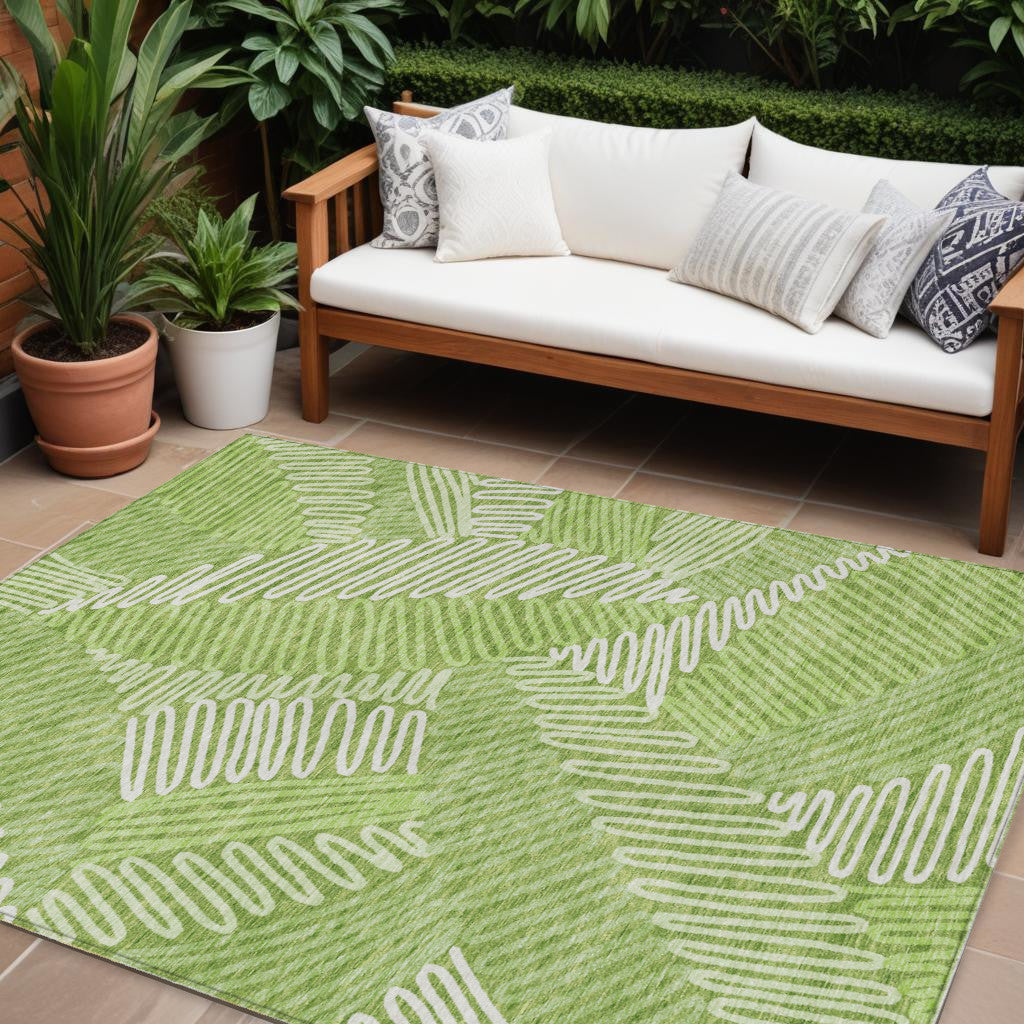 9' X 12' Lime Green And Ivory Floral Washable Indoor Outdoor Area Rug