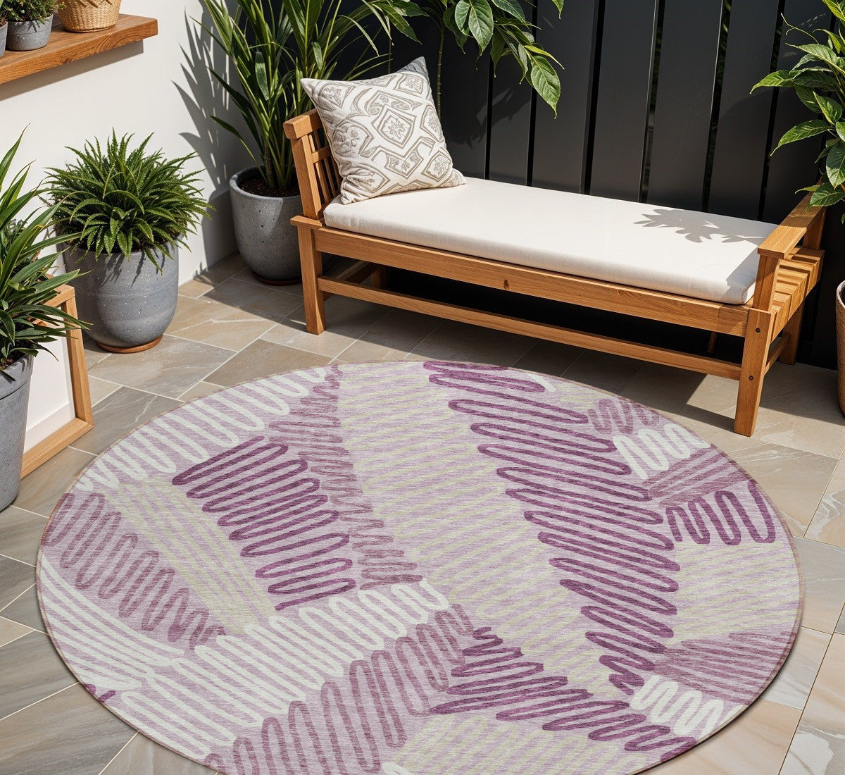 8' Lavender Purple And Ivory Round Floral Washable Indoor Outdoor Area Rug
