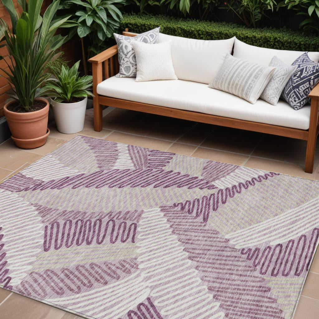 9' X 12' Lavender Purple And Ivory Floral Washable Indoor Outdoor Area Rug