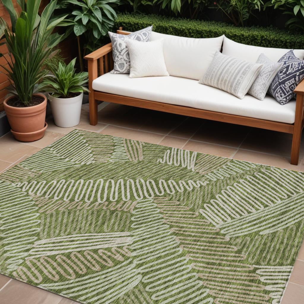 8' X 10' Olive Green Brown And Ivory Floral Washable Indoor Outdoor Area Rug