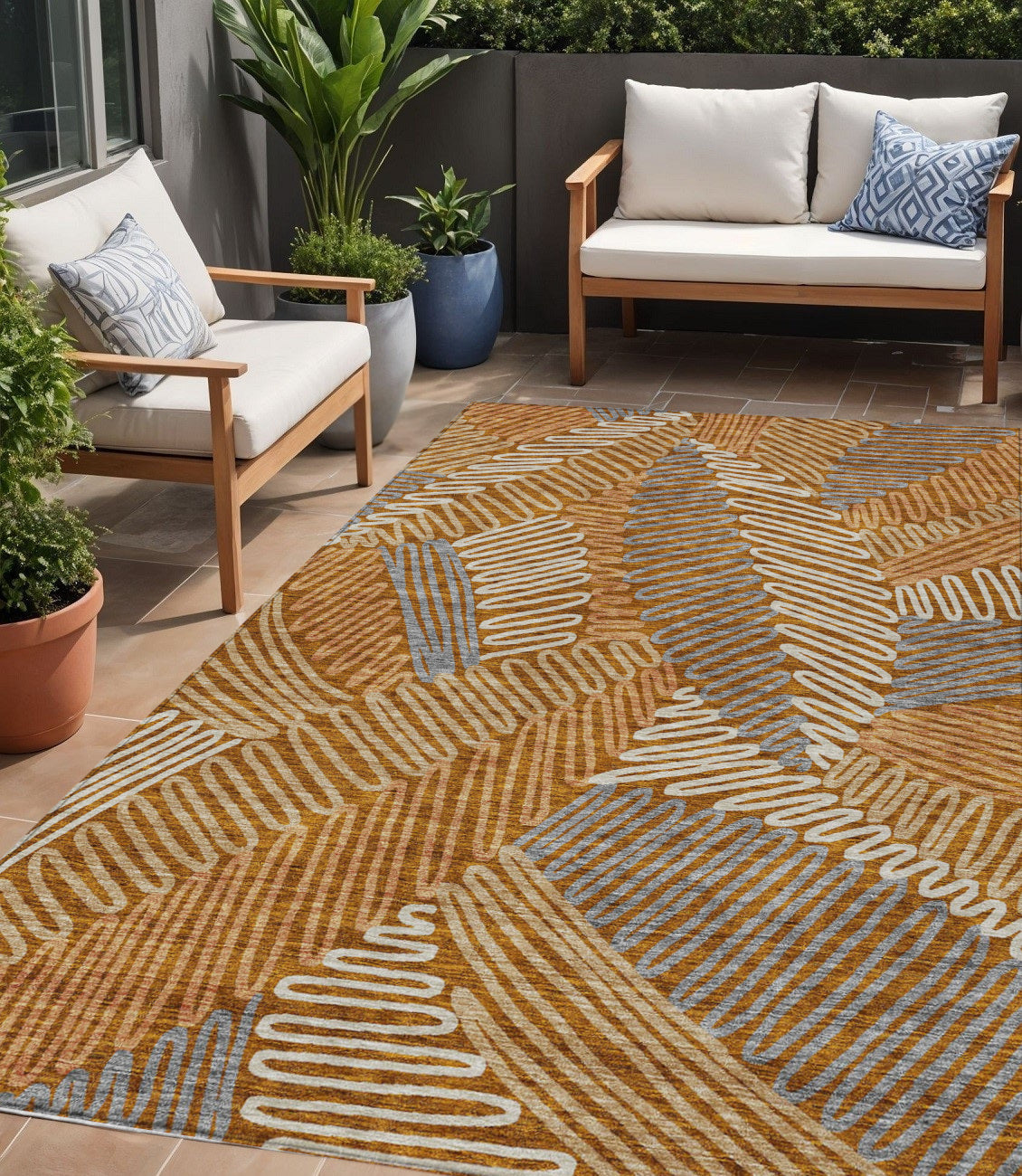 5' X 8' Orange Beige And Gray Floral Washable Indoor Outdoor Area Rug