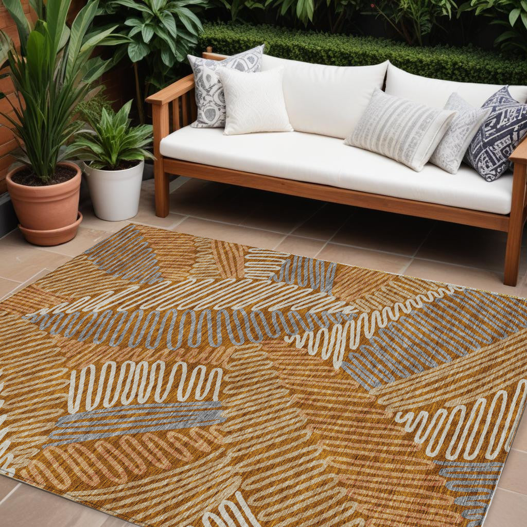 9' X 12' Orange Beige And Gray Floral Washable Indoor Outdoor Area Rug
