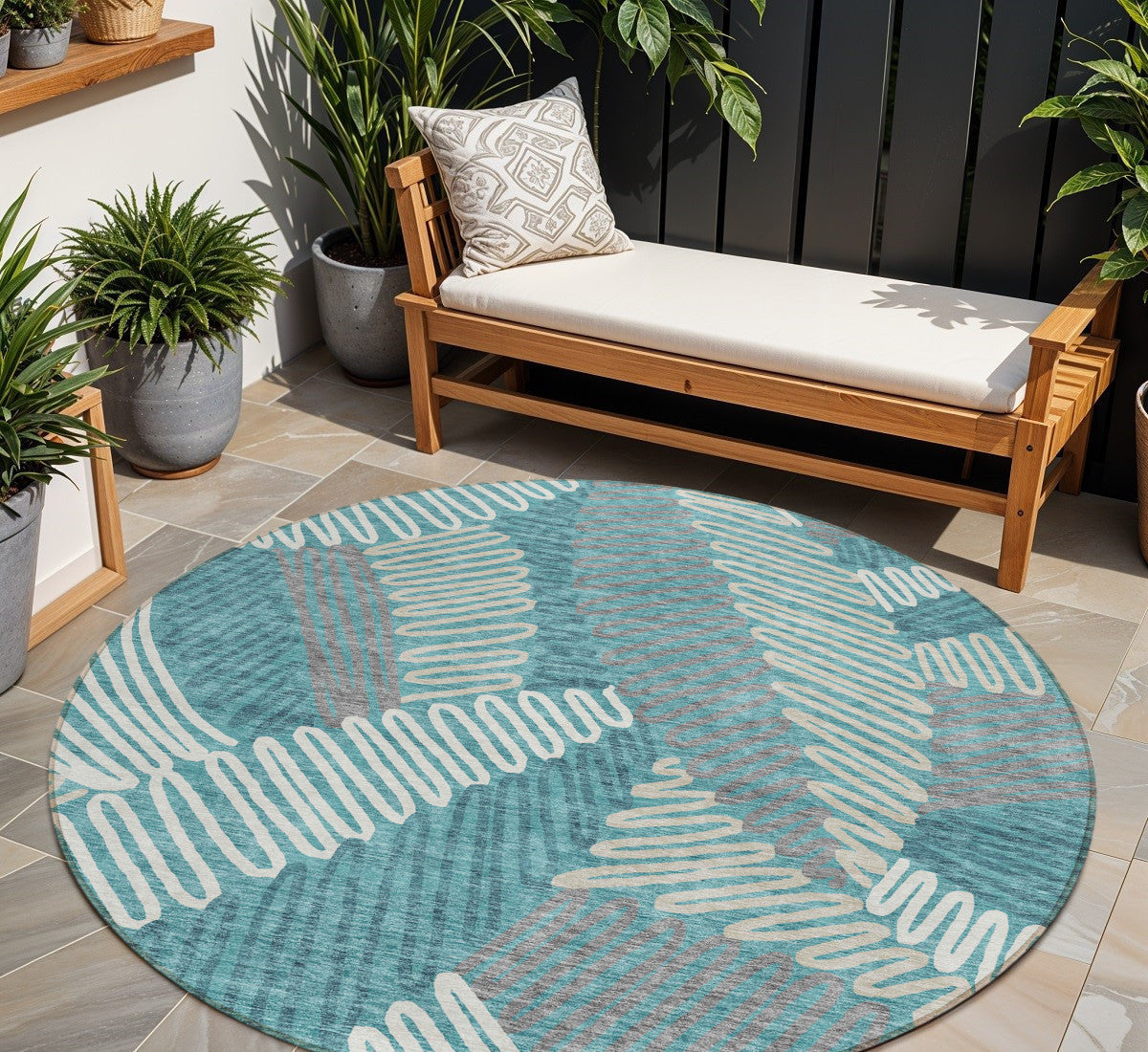 8' Teal Blue Gray And Ivory Round Floral Washable Indoor Outdoor Area Rug