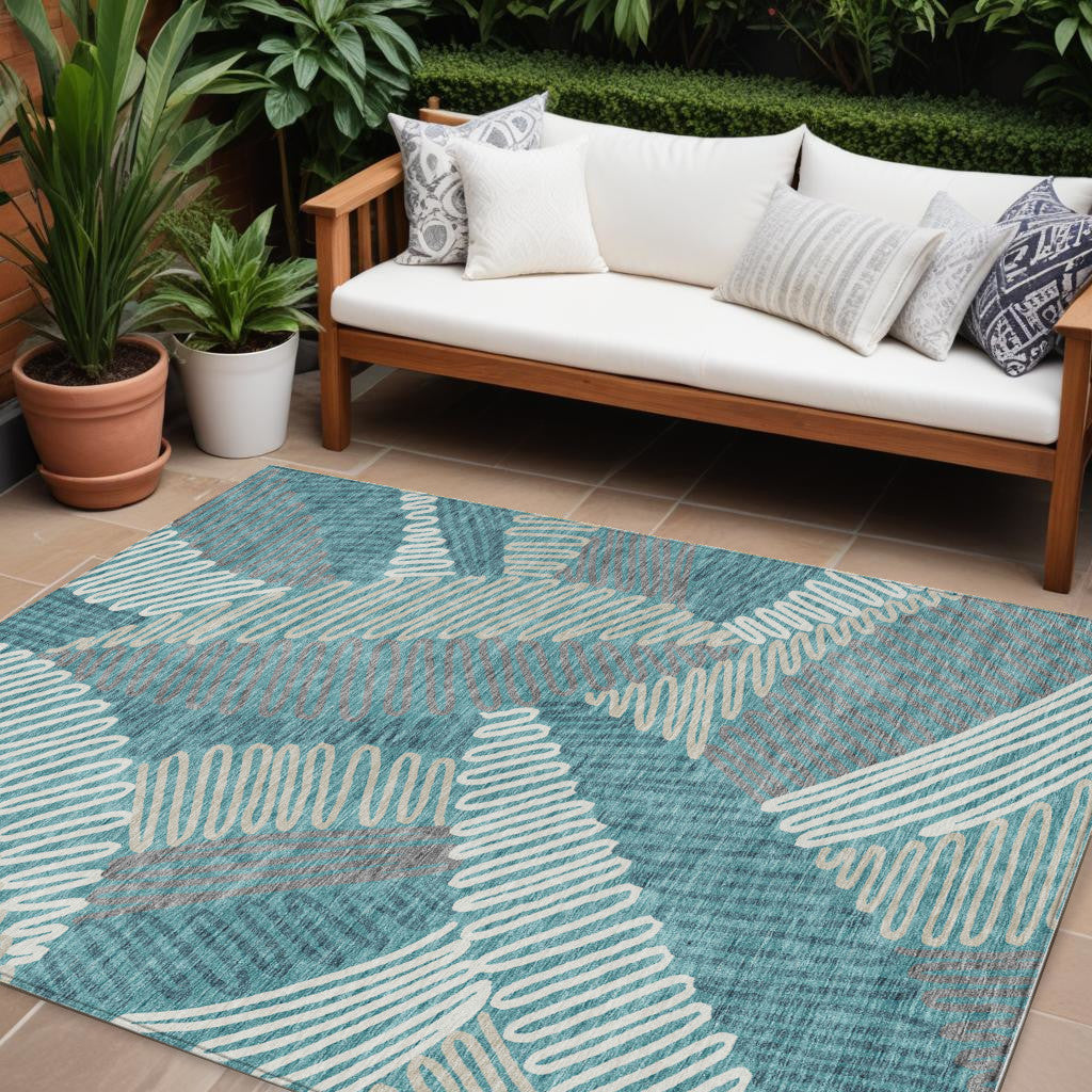 9' X 12' Teal Blue Gray And Ivory Floral Washable Indoor Outdoor Area Rug