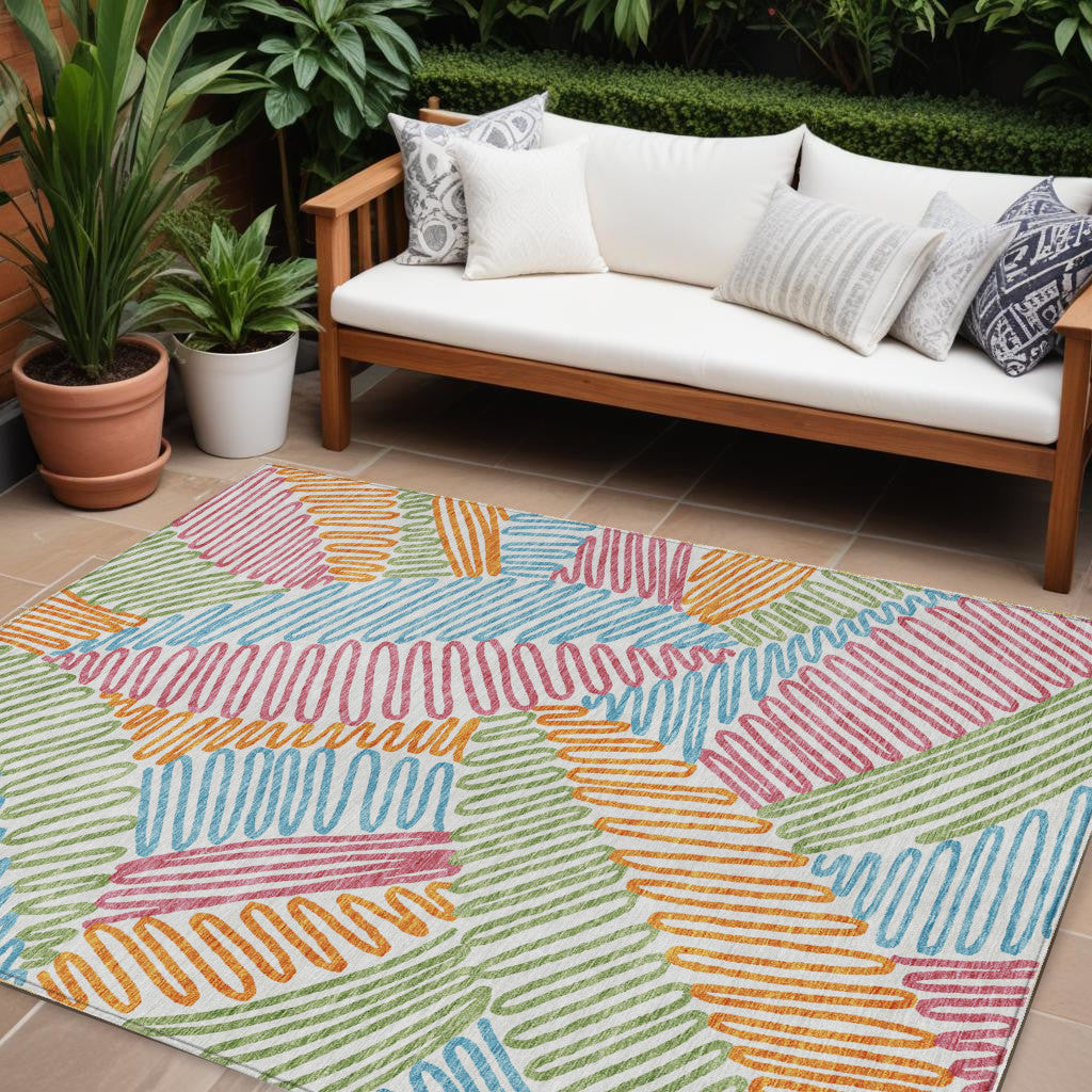 8' X 10' Blue Green And Pink Floral Washable Indoor Outdoor Area Rug