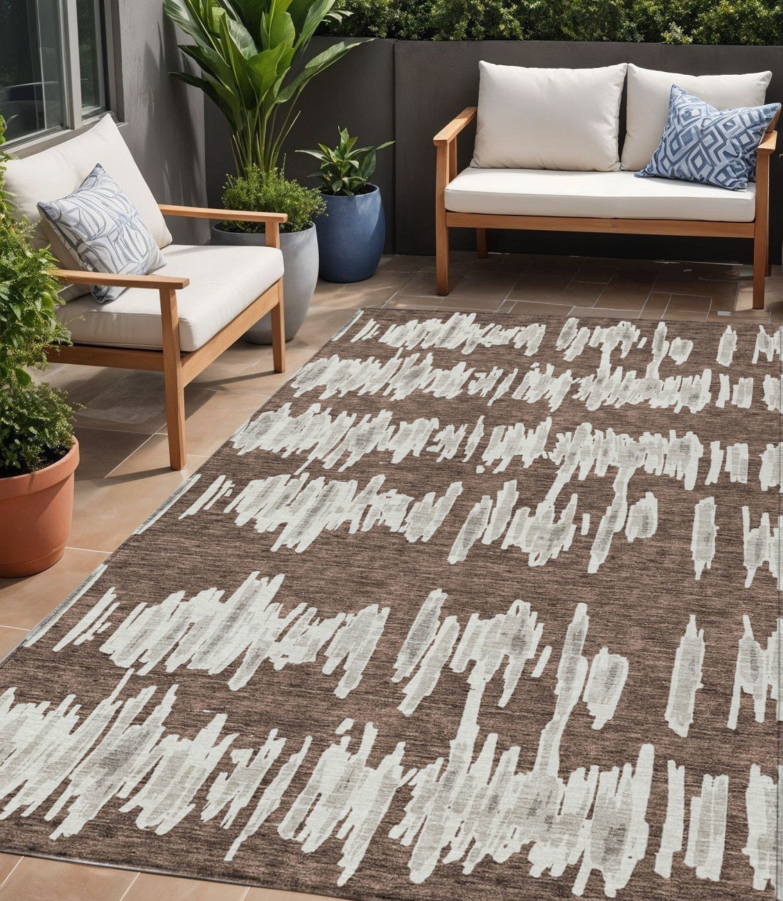 5' X 8' Brown Ivory And Gray Striped Washable Indoor Outdoor Area Rug
