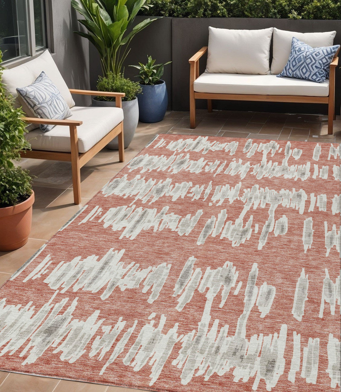 5' X 8' Salmon And Gray Striped Washable Indoor Outdoor Area Rug