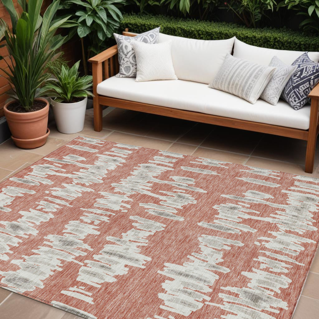 9' X 12' Salmon And Gray Striped Washable Indoor Outdoor Area Rug