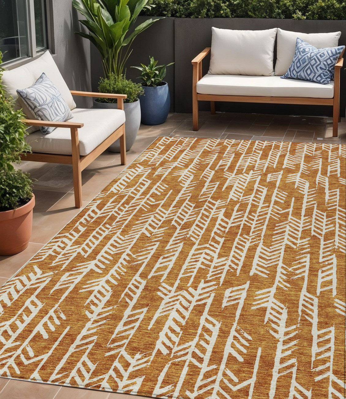 5' X 8' Copper And Ivory Tribal Washable Indoor Outdoor Area Rug
