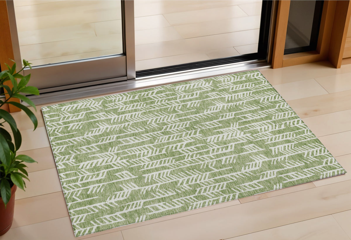 3' X 5' Green And Ivory Tribal Washable Indoor Outdoor Area Rug