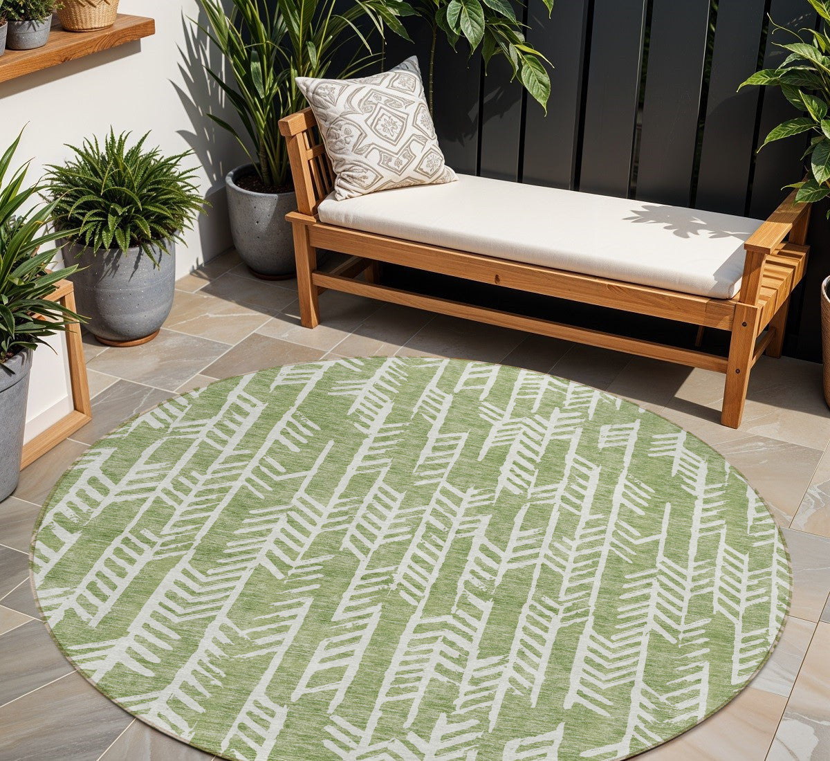 8' Green And Ivory Round Tribal Washable Indoor Outdoor Area Rug