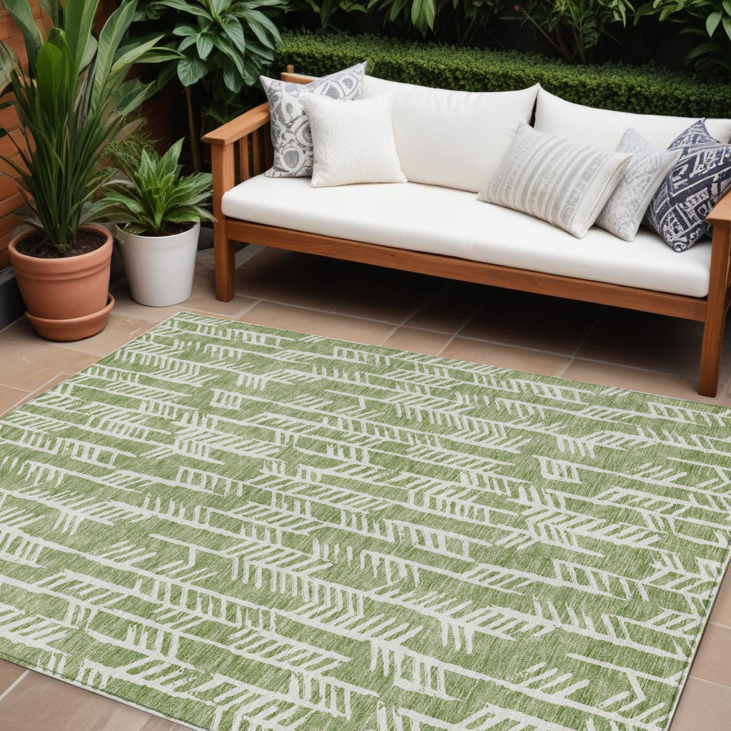 9' X 12' Green And Ivory Tribal Washable Indoor Outdoor Area Rug