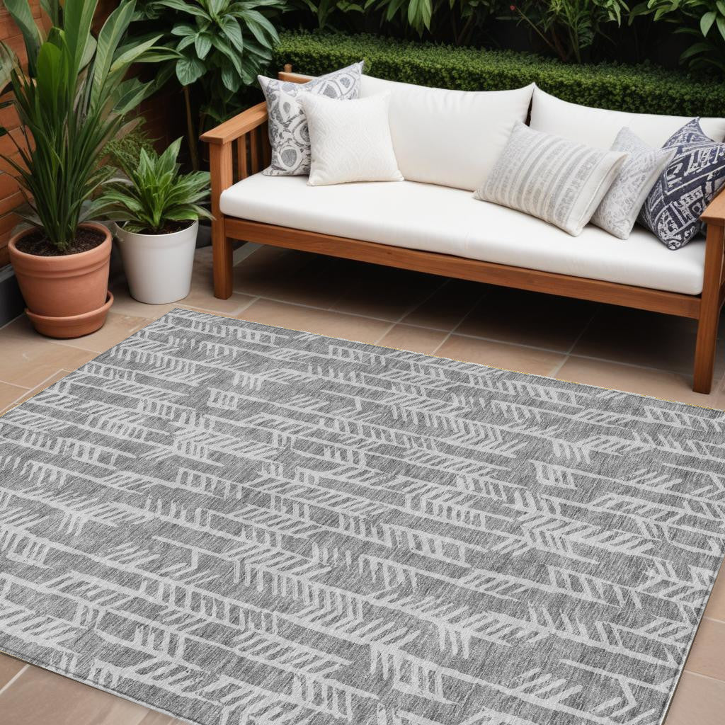9' X 12' Gray And Silver Tribal Washable Indoor Outdoor Area Rug