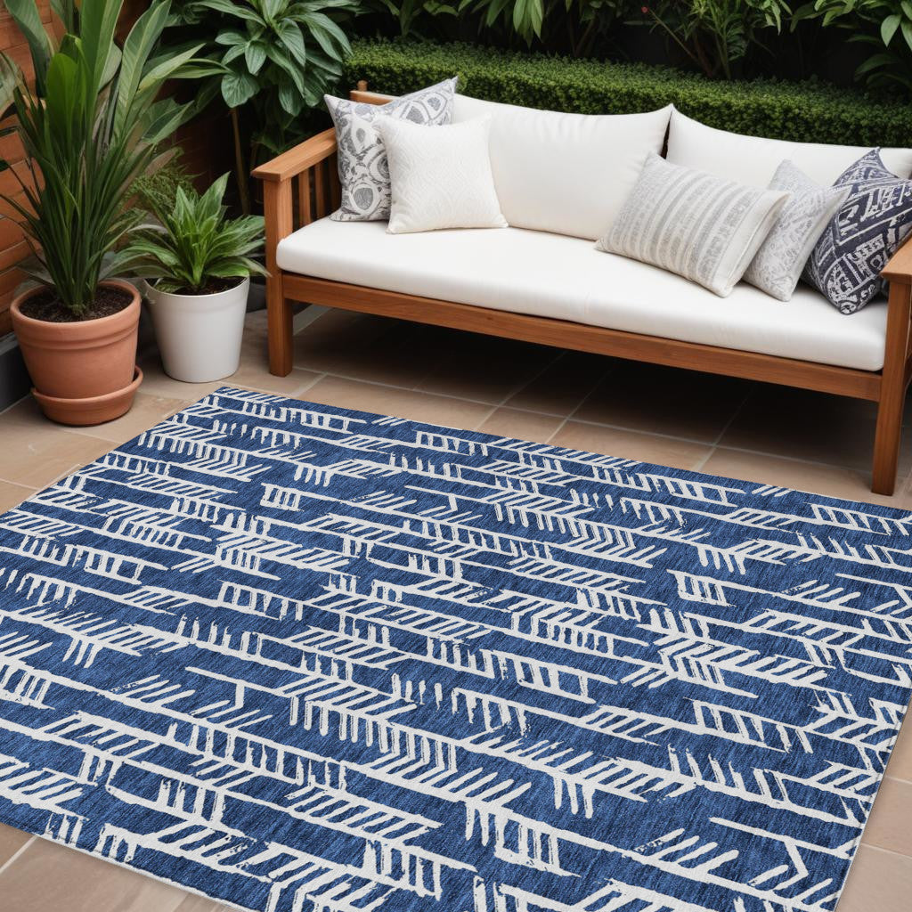 9' X 12' Navy Blue And Ivory Tribal Washable Indoor Outdoor Area Rug
