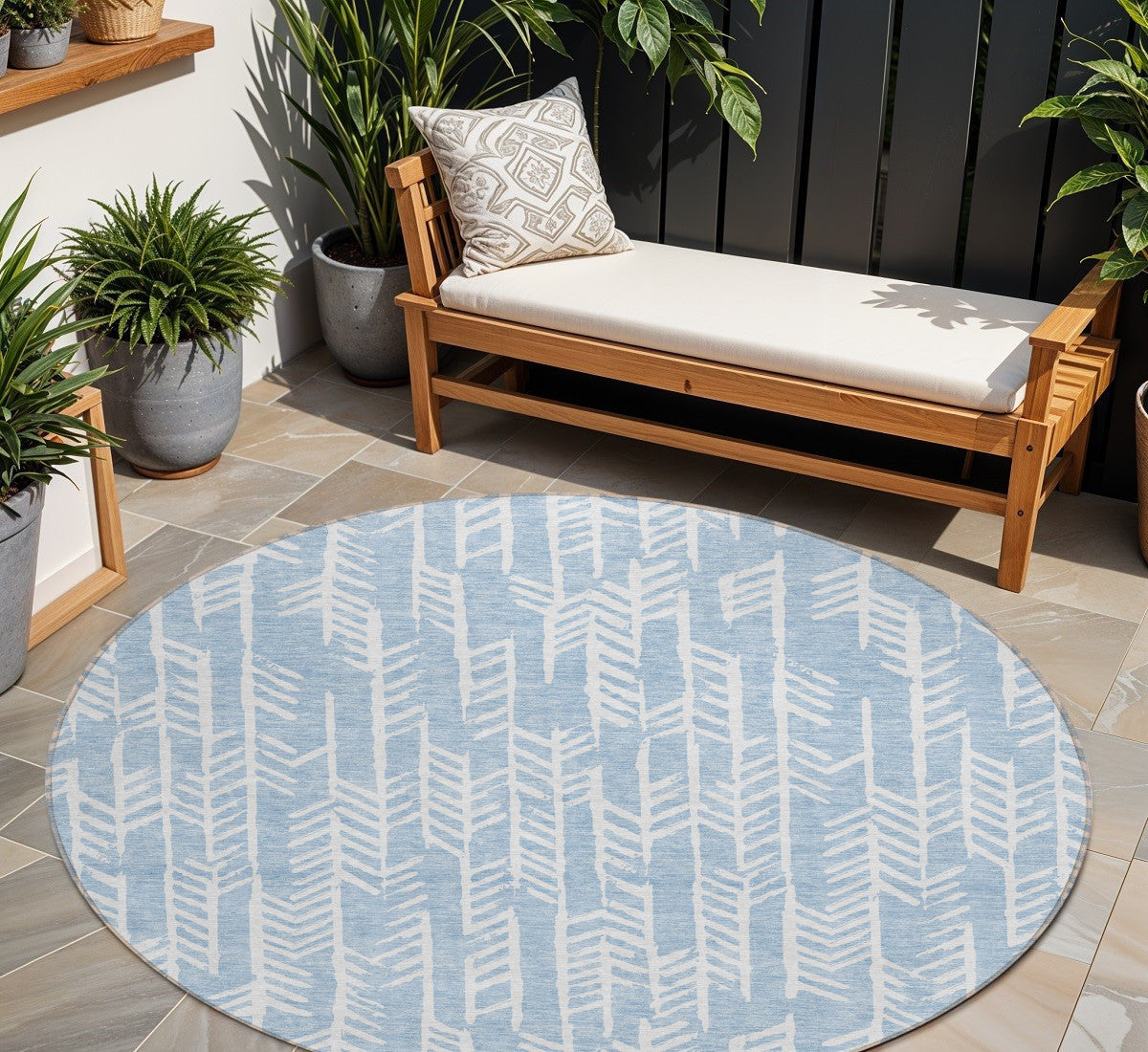 8' Sky Blue And Ivory Round Tribal Washable Indoor Outdoor Area Rug