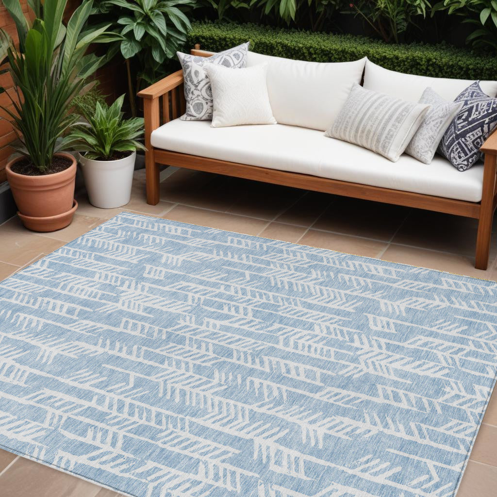 9' X 12' Sky Blue And Ivory Tribal Washable Indoor Outdoor Area Rug