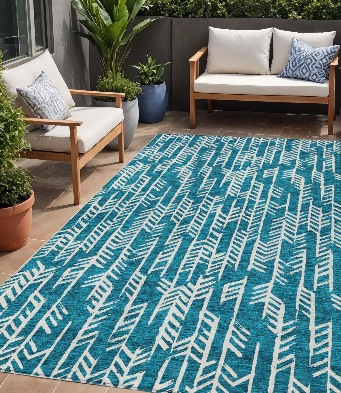 5' X 8' Teal Blue And Ivory Tribal Washable Indoor Outdoor Area Rug