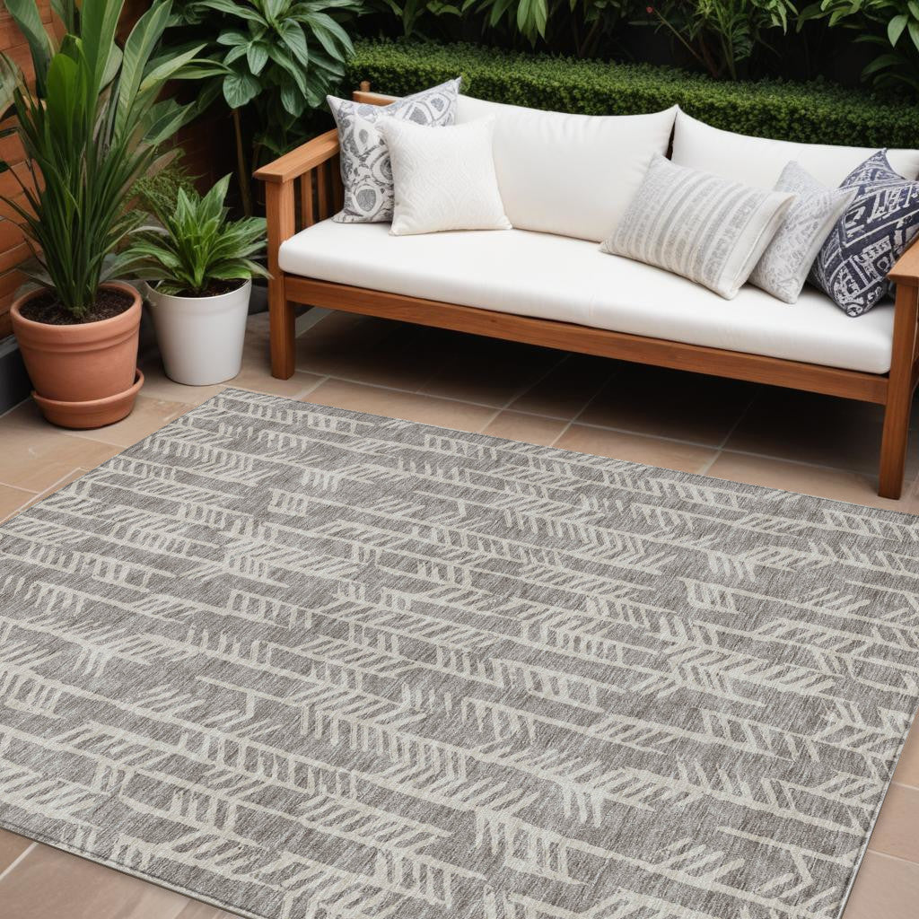 9' X 12' Taupe And Beige Tribal Washable Indoor Outdoor Area Rug