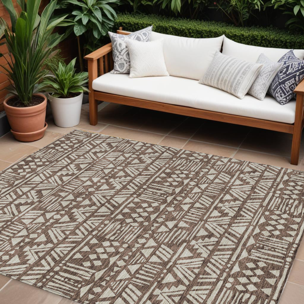 10' X 14' Brown And Beige Southwestern Washable Indoor Outdoor Area Rug
